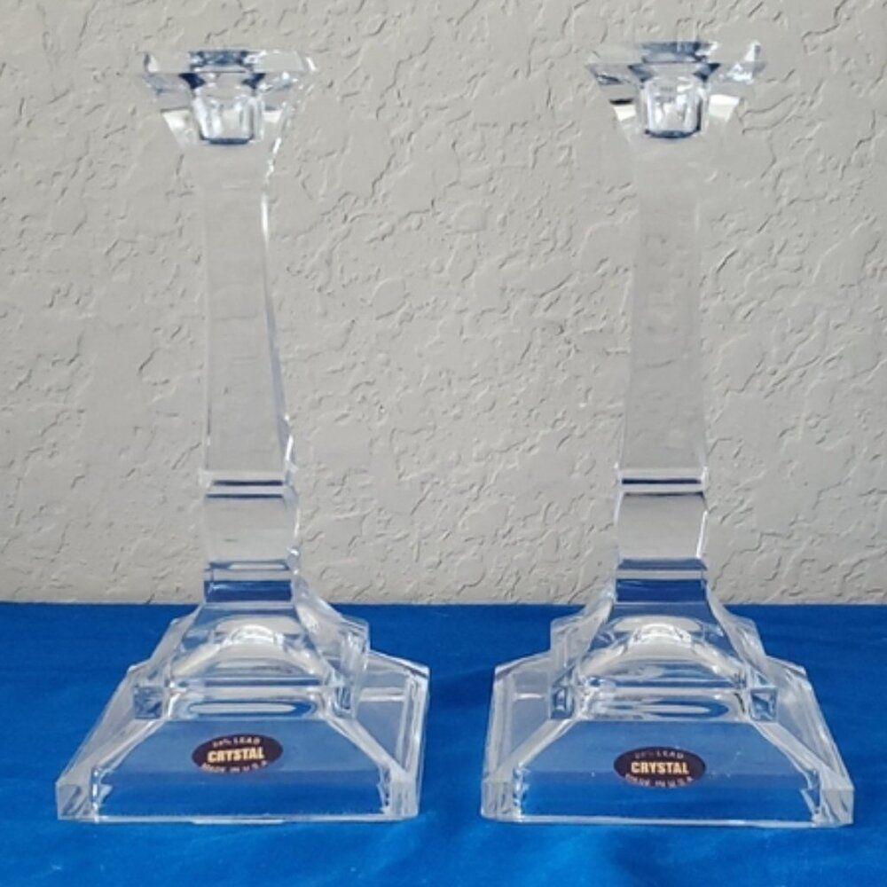VTG 24% Lead Crystal Candlestick Holders Pair Clear Glass Taper 8" Made in USA